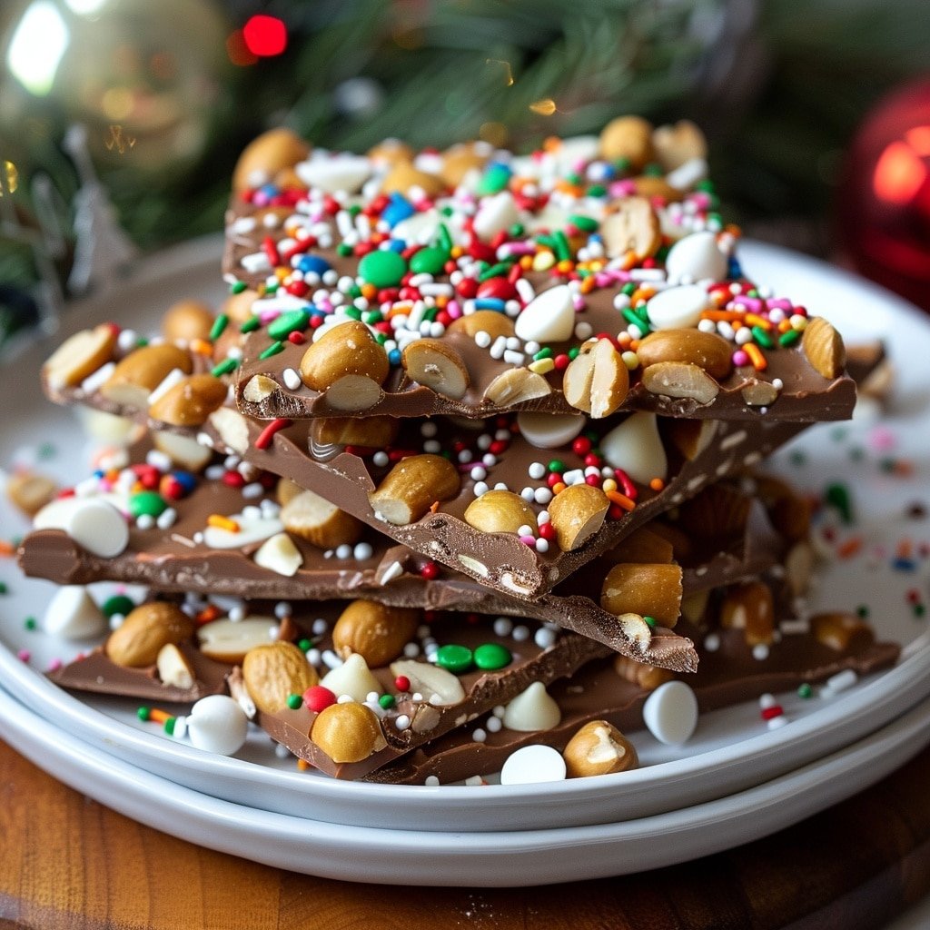 The image shows several small chocolate clusters laid out on a white marble surface. Each cluster has a rough, irregular shape with a mix of smooth and lumpy textures from the chunks inside. The chocolate is a medium brown color, covering what looks like pieces of nuts inside. On top of each cluster, there are small red and green sprinkles scattered unevenly, adding pops of bright color. One cluster in the foreground has a visible bite taken out of it, showing the creamy chocolate and nut pieces inside. photo taken with an iphone --ar 4:5 --v 7