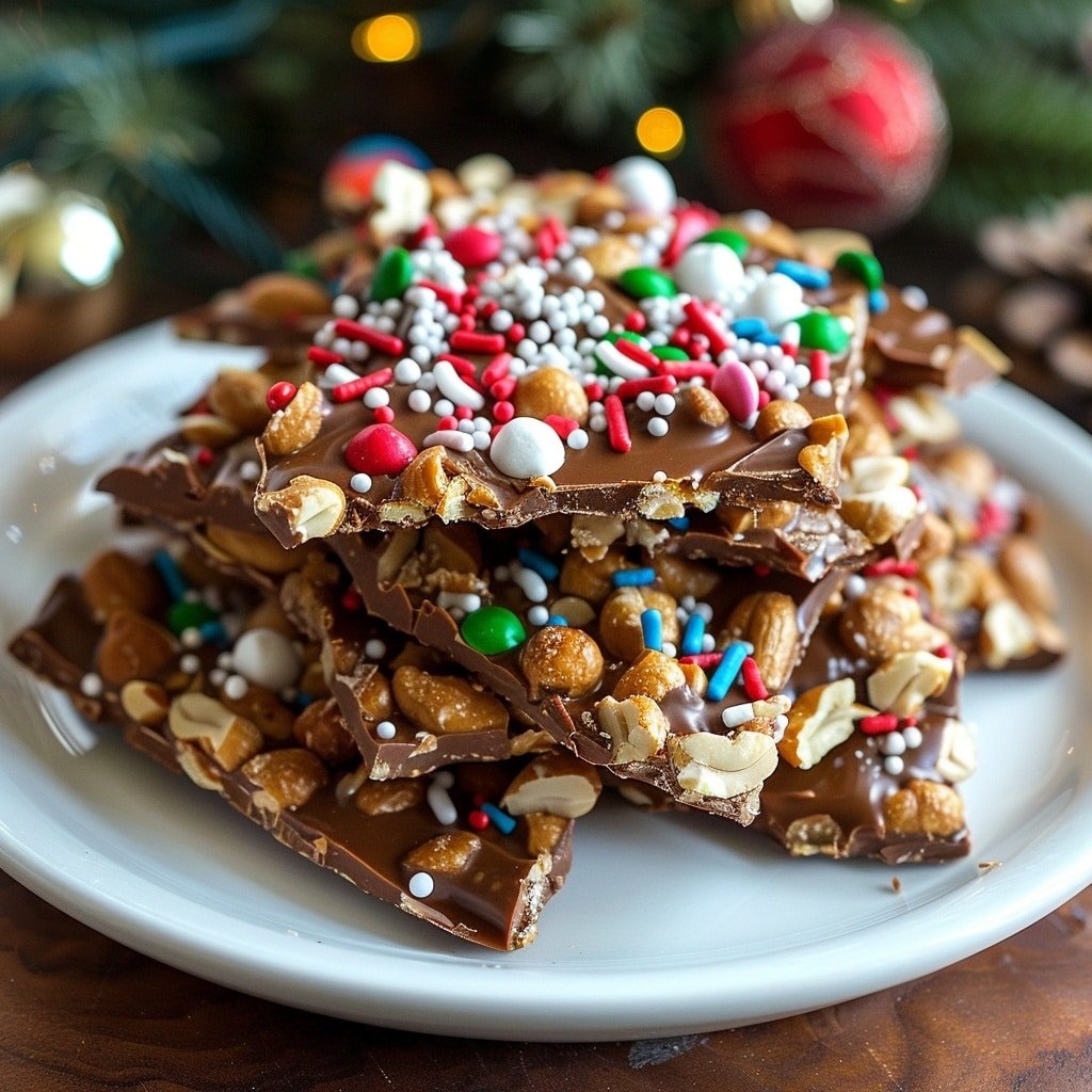 The image shows a close-up of several small clusters of milk chocolate mixed with round nuts, giving the clusters a bumpy texture. Each cluster is topped with red and green sprinkles that add bright, festive colors. The clusters are irregular in shape and placed on a white marbled surface, which contrasts softly with the smooth, shiny brown chocolate. The chocolate coating looks thick, covering the nuts fully, and the sprinkles are scattered unevenly on top, enhancing the visual appeal. Photo taken with an iphone --ar 4:5 --v 7