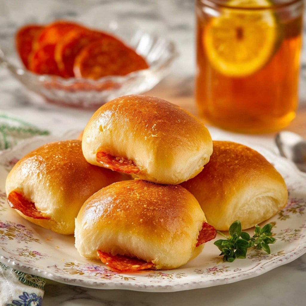 The image shows five golden-brown sausage rolls arranged close together on a white plate with intricate floral patterns. The rolls have a smooth, slightly shiny crust with a warm, light brown color and soft texture. Around the rolls, there are several thin slices of bright red pepperoni, adding a pop of color. In the background, a small clear bowl holds more pepperoni slices, and a glass jar filled with amber-colored iced tea and lemon slices is visible, all set on a white marbled surface. There is also a small bunch of fresh green herbs giving a fresh touch. photo taken with an iphone --ar 4:5 --v 7