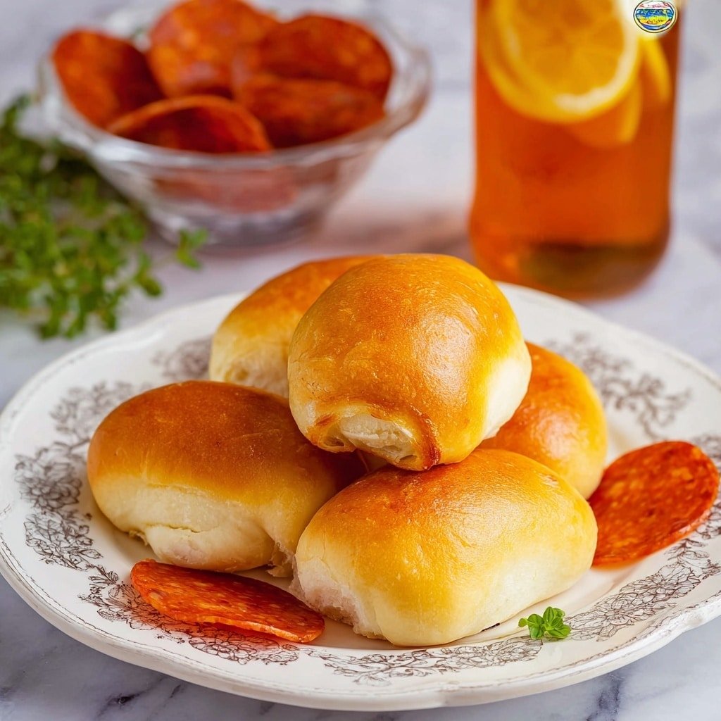 The image shows several golden-brown pepperoni rolls arranged on a white plate with a subtle pattern, placed on a white marbled surface. Each roll has a smooth, shiny outer layer of baked dough, with one roll broken open to reveal the inside layers: a soft, light dough layer, a slice of red pepperoni, and melted white cheese stretching slightly. Pepperoni slices are scattered around the plate, adding bright red spots to the composition. In the background, there is some green leafy garnish blurred out, and a woman's hand is holding one roll, showing the soft texture of the bread. Photo taken with an iphone --ar 4:5 --v 7