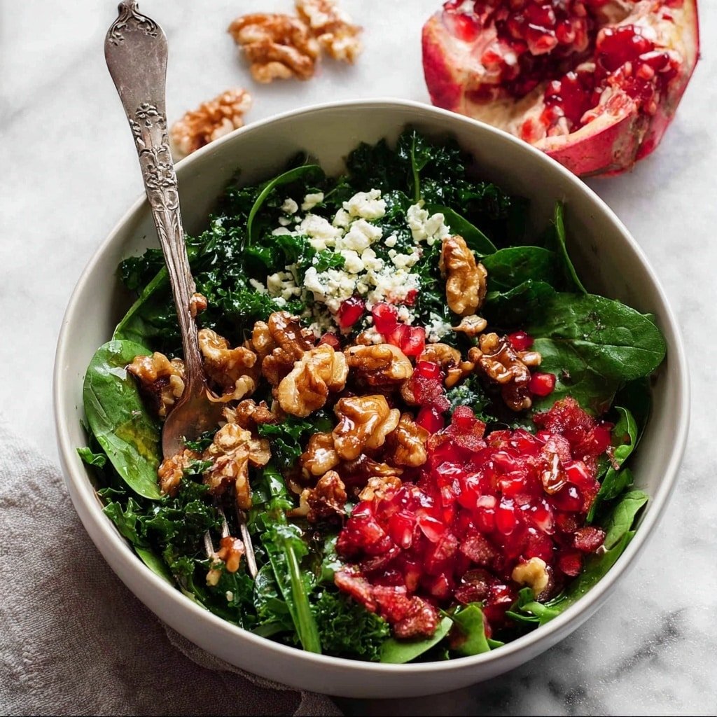 Pomegranate Salad with Spinach, Kale, Honey Walnuts & Pomegranate Dressing Recipe
