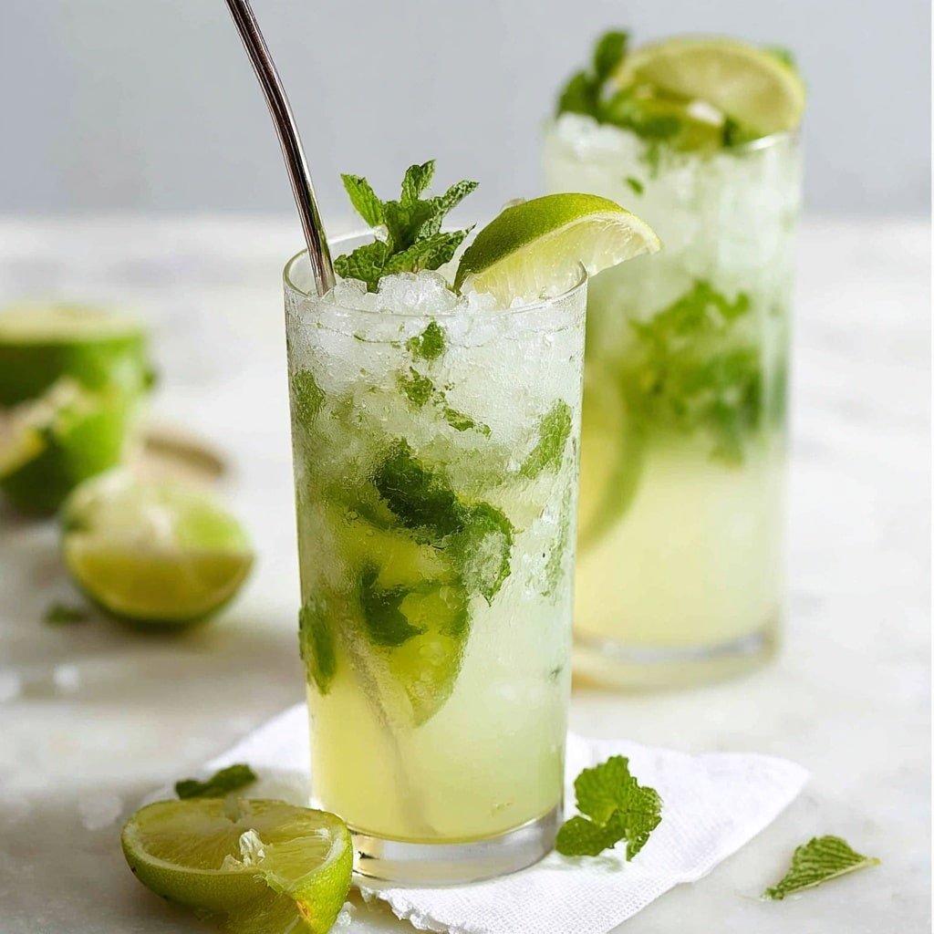 The image shows two tall clear glasses filled with a pale yellow-green drink layered with crushed ice and bright green mint leaves floating near the top. Thin lime slices are visible inside the drink, with one wedge placed on the rim of the front glass as garnish. A metal straw is placed in the front glass, which sits on a white napkin on a white marbled surface scattered with lime halves and loose mint leaves. The background is softly lit with a light, clean white color. photo taken with an iphone --ar 4:5 --v 7