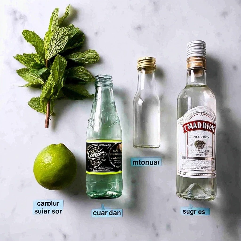 The image shows five main ingredients arranged neatly on a white marbled surface. On the left, there is a small bunch of mint leaves with fresh green color and clear leaf texture. Below the mint is a whole lime, bright green and round. To the right of the lime, there is a clear glass bottle of soda water with a black and yellow label. Next to the soda water is a tall transparent bottle of white rum with a white and black label bearing red and silver details. On the far right, a small transparent bottle filled with clear sugar syrup is shown, with a gold-colored lid. Each item has a blue label with white text naming the ingredient. Photo taken with an iphone --ar 4:5 --v 7