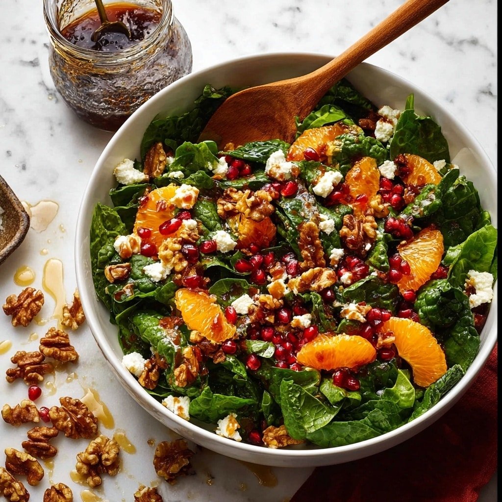 Pomegranate Salad with Spinach, Kale, Honey Walnuts & Pomegranate Dressing Recipe - Recipe Image