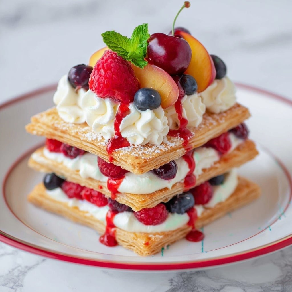 Fruit Mille Feuille with Mascarpone Cream and Raspberry Sauce Recipe - Recipe Image