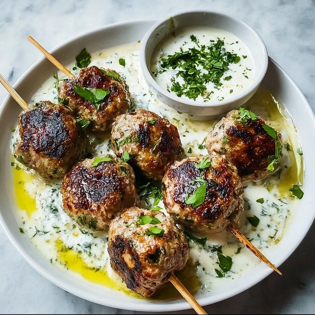 There are five wooden skewers with brown grilled meatballs lined up on a black grill with a few flames and smoke rising. The meatballs have a slightly bumpy texture with small green herb pieces visible, showing a grilled, crispy outside. The background is blurred green and brown shades, with warm light shining from the left side, giving the meatballs a golden glow. photo taken with an iphone --ar 1:1 --v 7