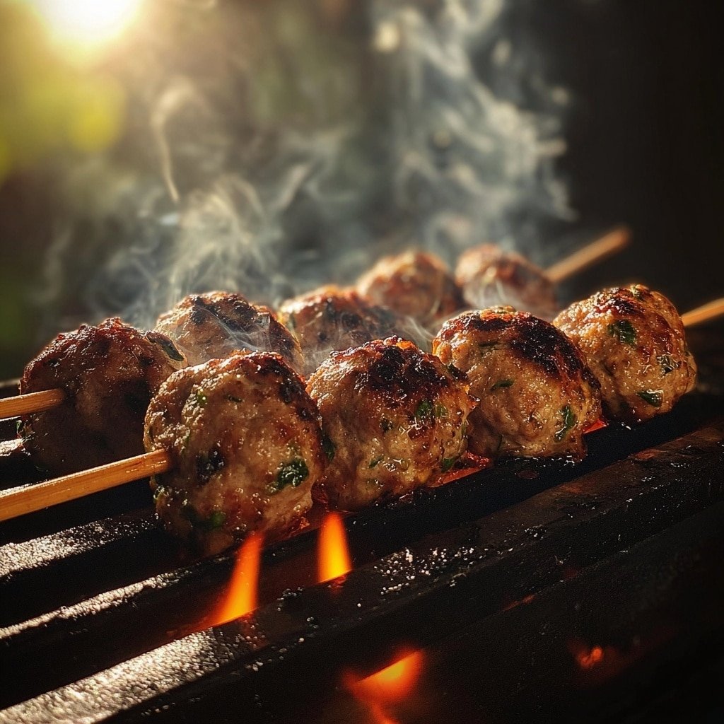 A white oval plate on a white marbled surface holds five browned, grilled patties garnished with finely chopped green herbs. To the right side of the patties, a small white bowl filled with a creamy white sauce speckled with green herbs sits. Behind the patties and bowl, there is a portion of mixed salad with finely chopped leafy greens and possibly some herbs, topped with a sprig of fresh green dill. A lemon wedge is placed on the left side of the plate. photo taken with an iphone --ar 1:1 --v 7
