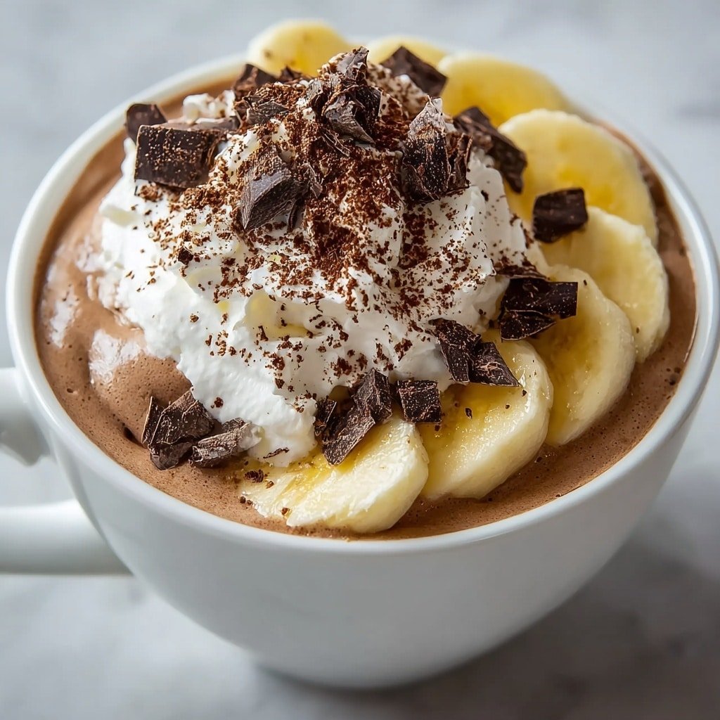 A white cup filled with a smooth, light brown chocolate mousse as the base layer, topped with sliced yellow banana pieces around the edge. On top, there is a thick, white whipped cream layer with a soft texture, sprinkled generously with dark brown cocoa powder. Dark chocolate chunks are scattered on and around the whipped cream, adding a rough, rich texture to the top. The background shows a white marbled surface. photo taken with an iphone --ar 1:1 --v 7