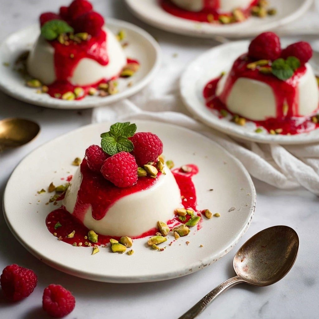 The image shows four white plates each holding one small, round, creamy white dessert with a smooth texture. Each dessert is topped with bright red raspberry sauce that drips down the sides, fresh whole raspberries, a small green mint leaf, and small pieces of chopped pistachios scattered on top and around the plate. The plates are arranged on a white marbled surface, with some loose raspberries and chopped pistachios scattered nearby. There are also two metal spoons, one brass and one silver, placed casually near the plates. The lighting is soft and natural, highlighting the vibrant colors and creamy texture of the dessert. photo taken with an iphone --ar 1:1 --v 7