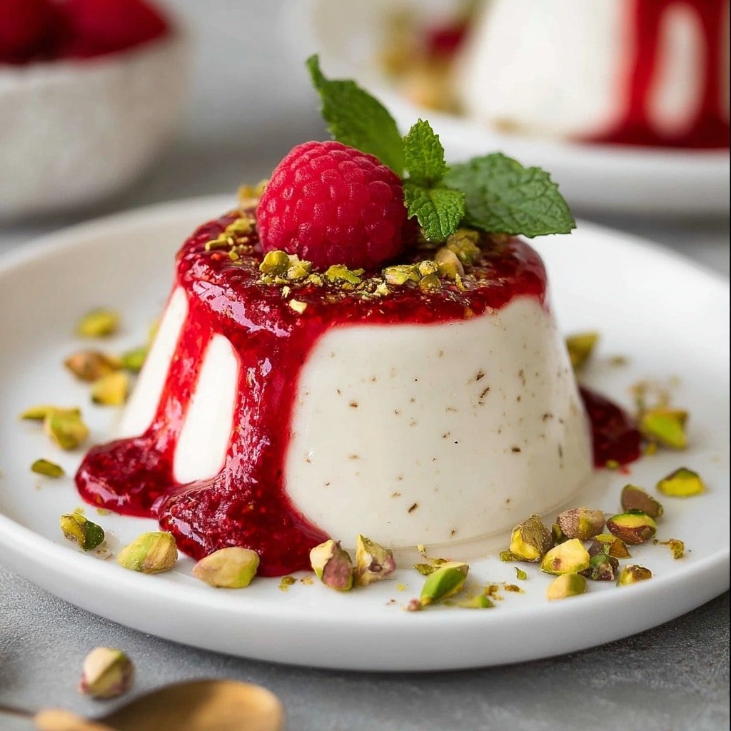 A small, smooth, white panna cotta sits in the center of a white plate on a white marbled surface. It is topped with bright red raspberry sauce that drips down the sides, a single fresh raspberry, and a sprinkle of chopped green pistachios. A fresh green mint leaf is placed next to the raspberry on top. A spoon rests on the plate beside the panna cotta, with some red sauce on it. In the blurred background, another similar dessert can be seen on a white plate. Photo taken with an iphone --ar 1:1 --v 7